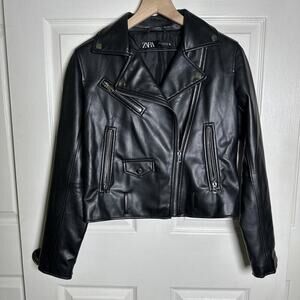 ZARA Womens Jacket Black Faux Leather Biker Sz Medium Full Zip Moto Silver Rock
